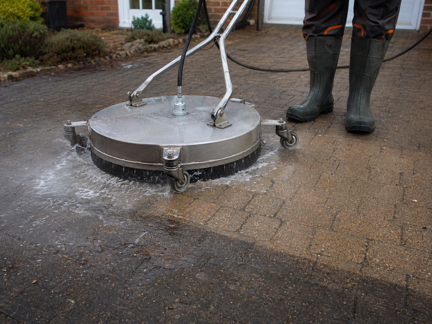 Driveway pressure washing action at a Burgess Hill home
