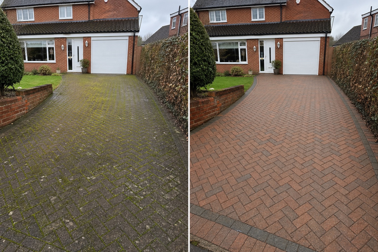Before and after driveway cleaning at a Burgess Hill home