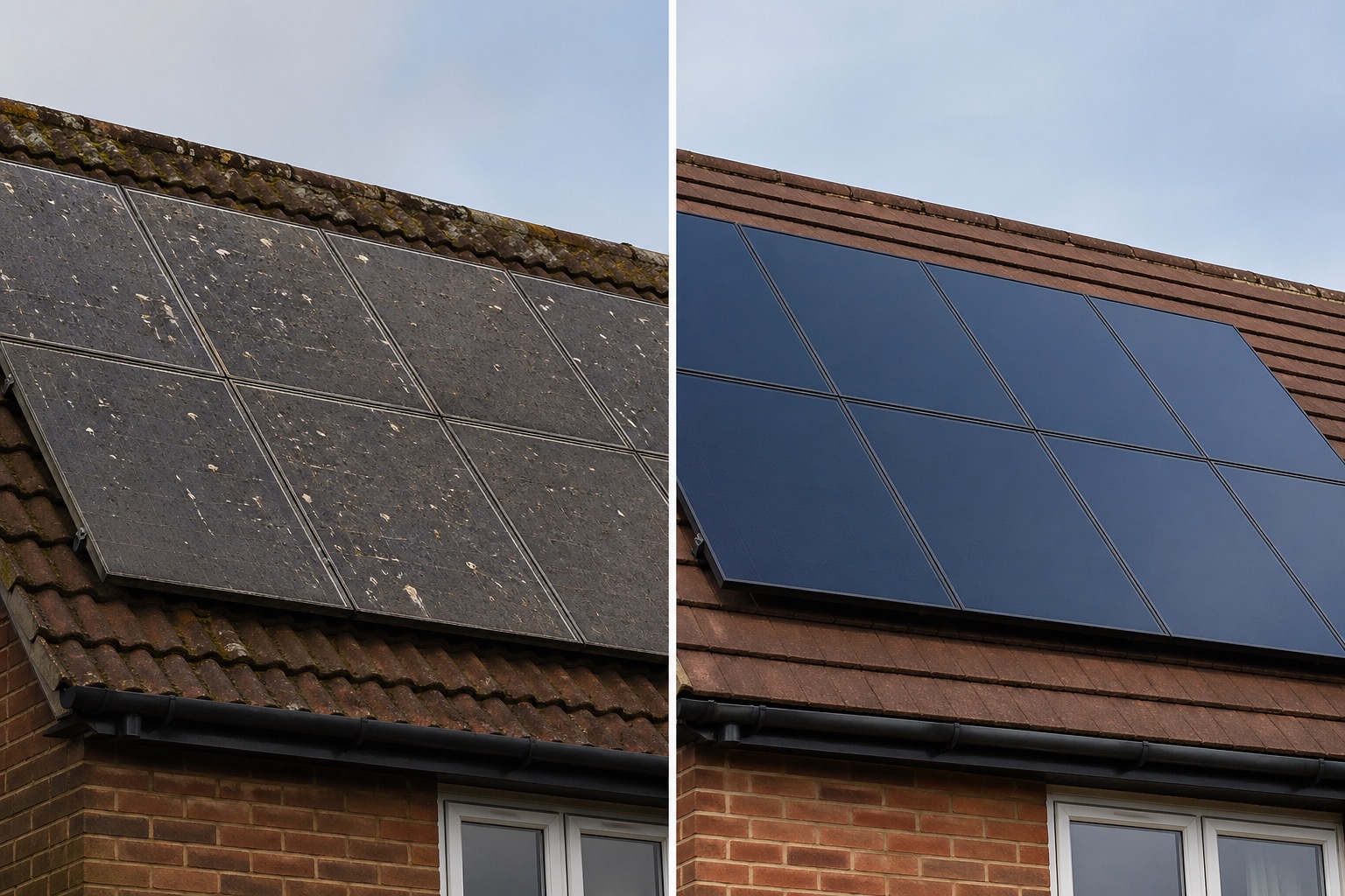 Before and after solar panel cleaning on a Mid Sussex roof