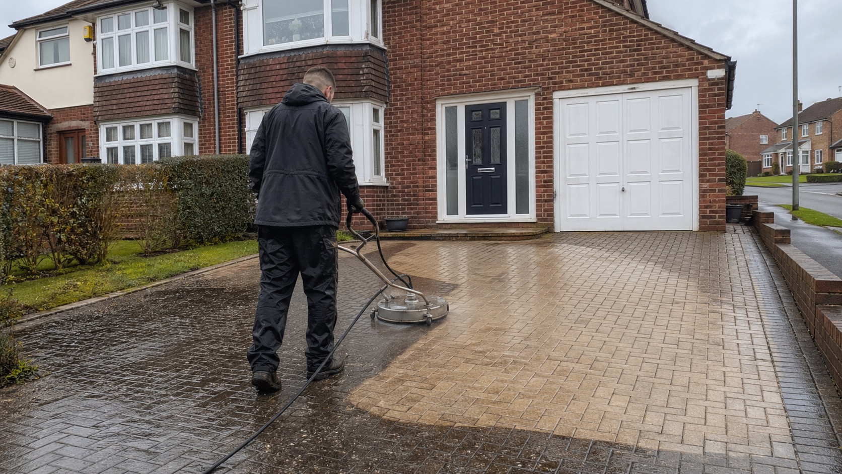 Driveway pressure washing at a residential property in Burgess Hill, West Sussex